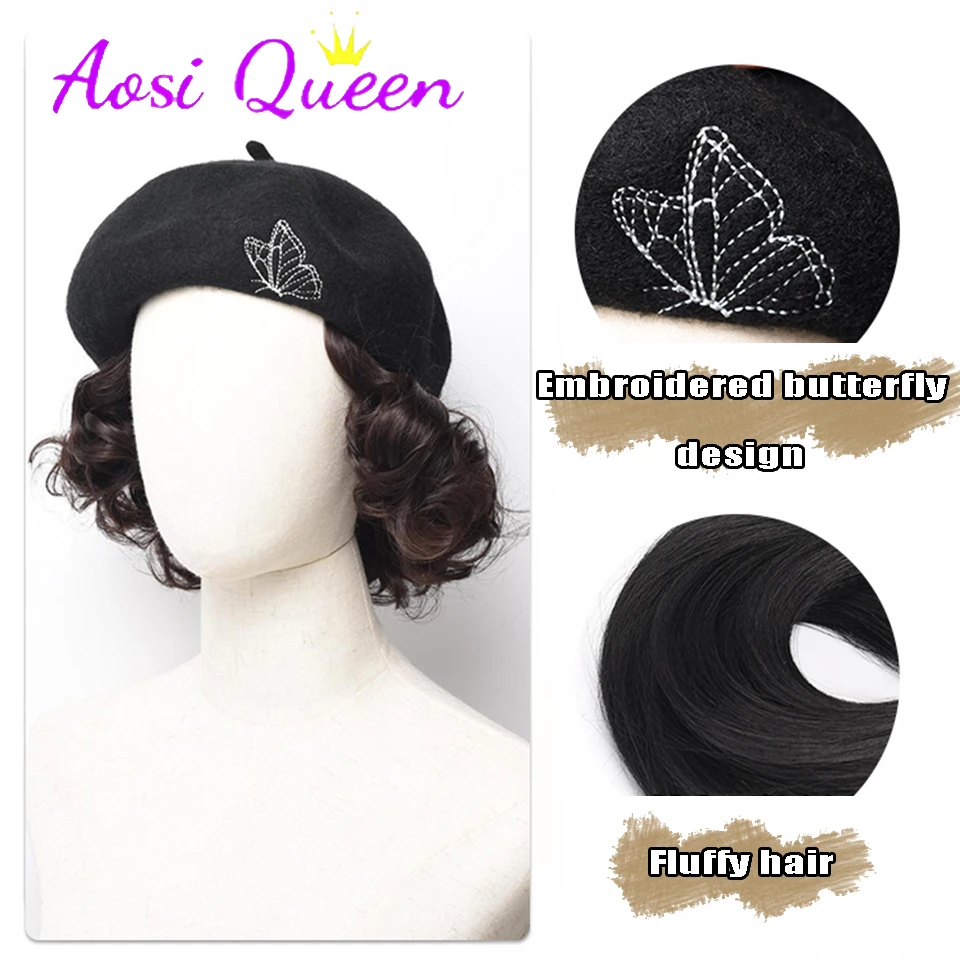 Aosi-女性のための短いカーリーウィッグの帽子、黒のoctagonberet、新しいファッション、秋と冬、2023