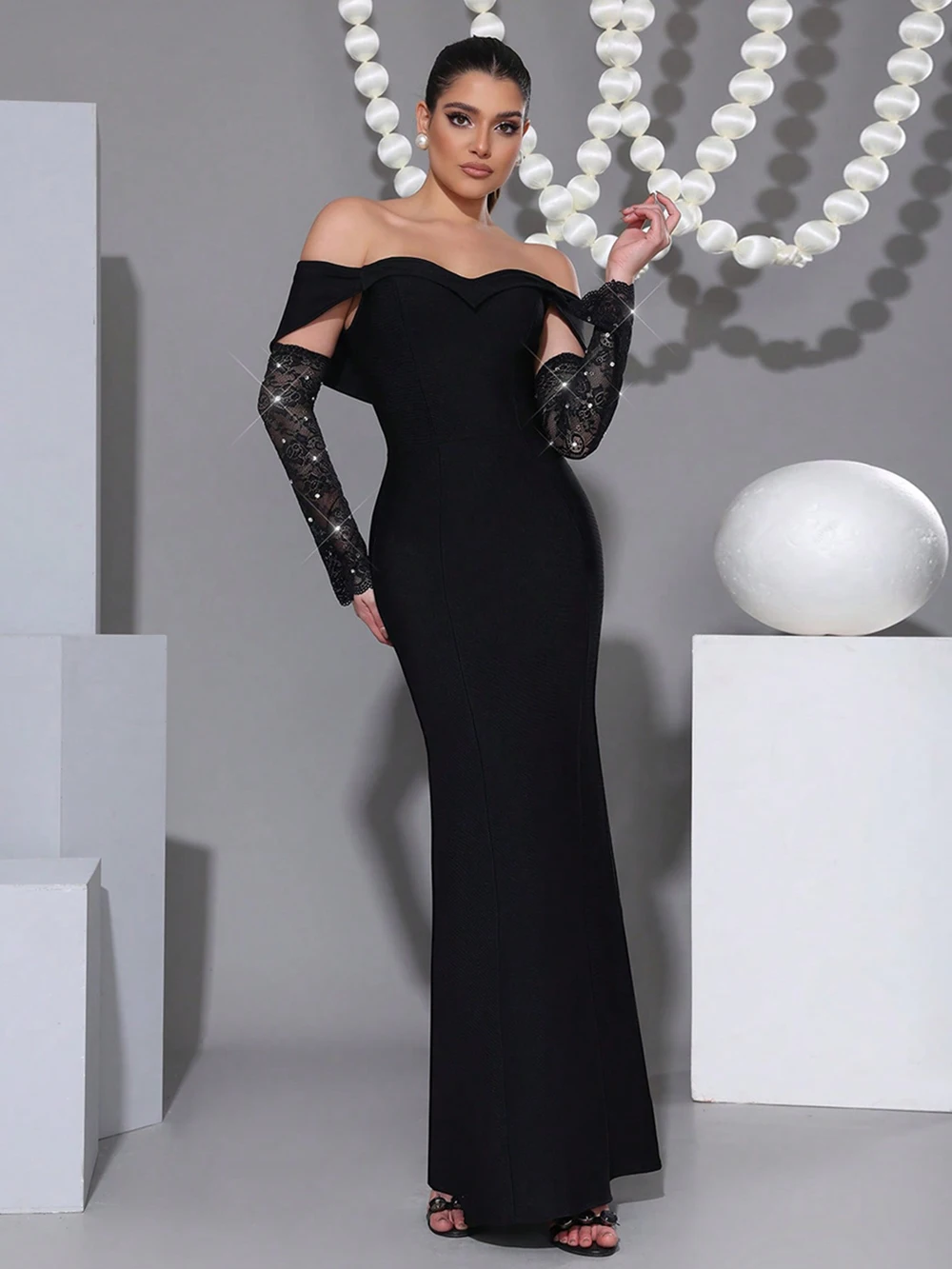Robe Maxi à bandes noire élégante avec manches en dentelle, épaules dénudées, diamant, robes d'occasion formelles pour soirée de mariage
