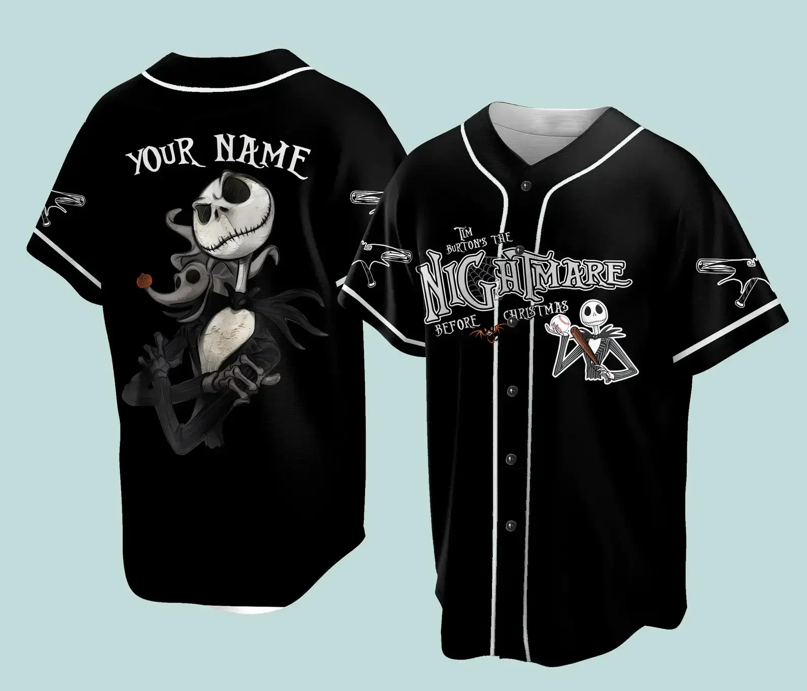 Disney Jack Skellington Baseball Jersey Custom Name Men\'s and Women\'s Baseball Jersey Fashionable Disney Short Sleeve Hawaiian