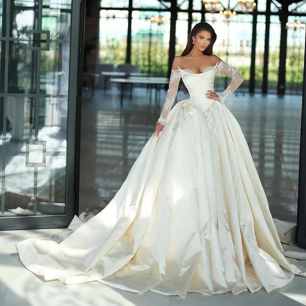 Elegant Women Wedding Dress Chapel Train Long Sleeve Lace Draped Ball Gowns Luxury Formal Occasion Dresses For Bridal 2024