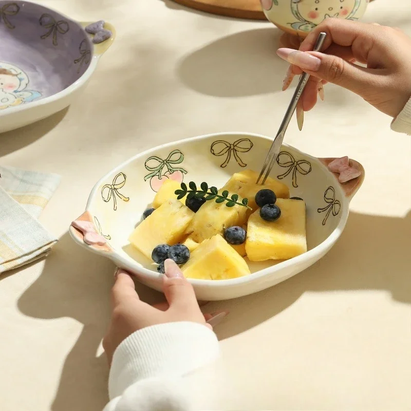 Hand Painted Cute Style Ceramic Plate with Two Handles, Artistic Underglaze Deep Pasta Bowl 16.5cm, Dish for Dining Table Decor