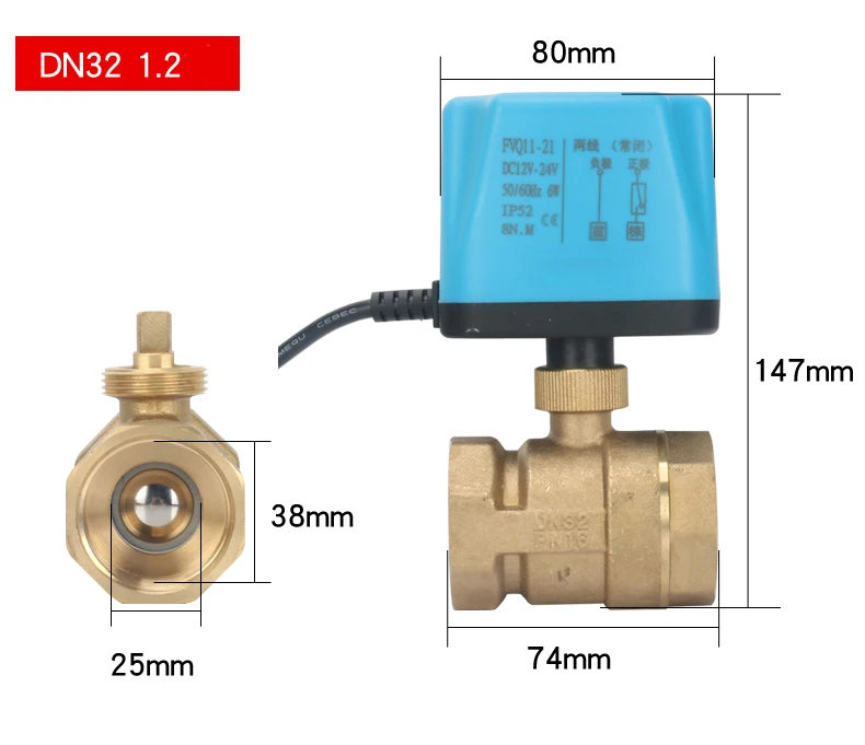 Imagem -05 - Válvula de Esfera de Bronze Motorizada Normalmente Fechada Aberta 2-wire Elétrica Solenóide 220v 12v 24v 2