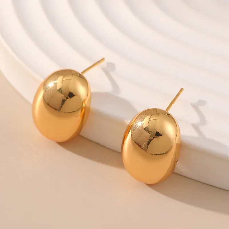 

Small Bright Golden Color Bean Stud Earrings Minimalism 18K Gold Plating Oval Metal Ear Studs Fashion Earrings Drop Shipping