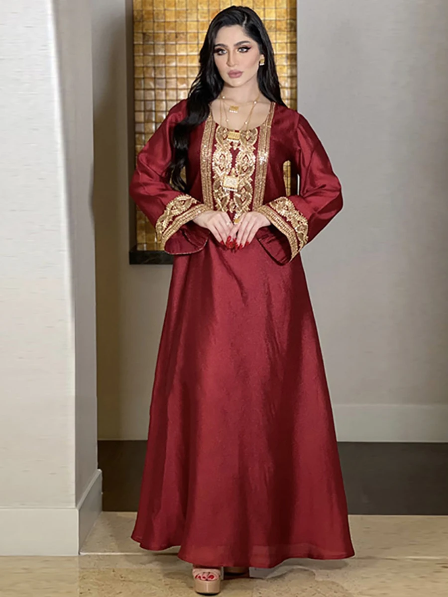 Sequins Embroidery Dubai Abaya Women Jalabiya Long Arabic Dress Moroccan Caftan Muslim Party Evening Ramadan Eid Kaftan Golden