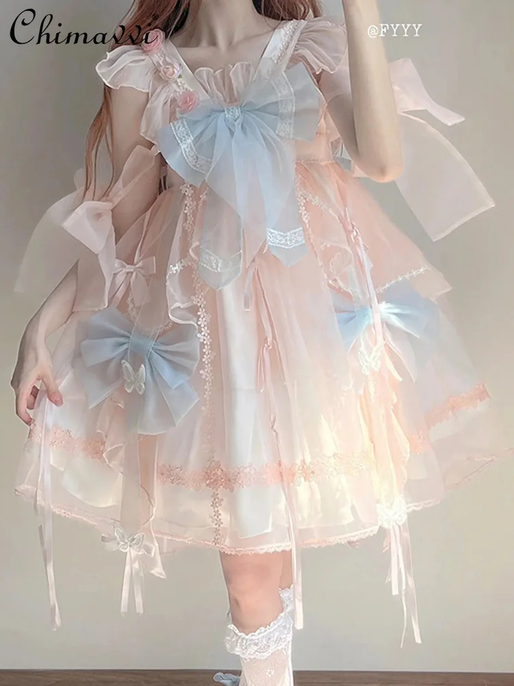 Sweet and Cute Fairy Chinese Style Lolita Dress Women's 2024 Summer New Girl's Ladies Loose Bow Kawaii Princess Short Dresses