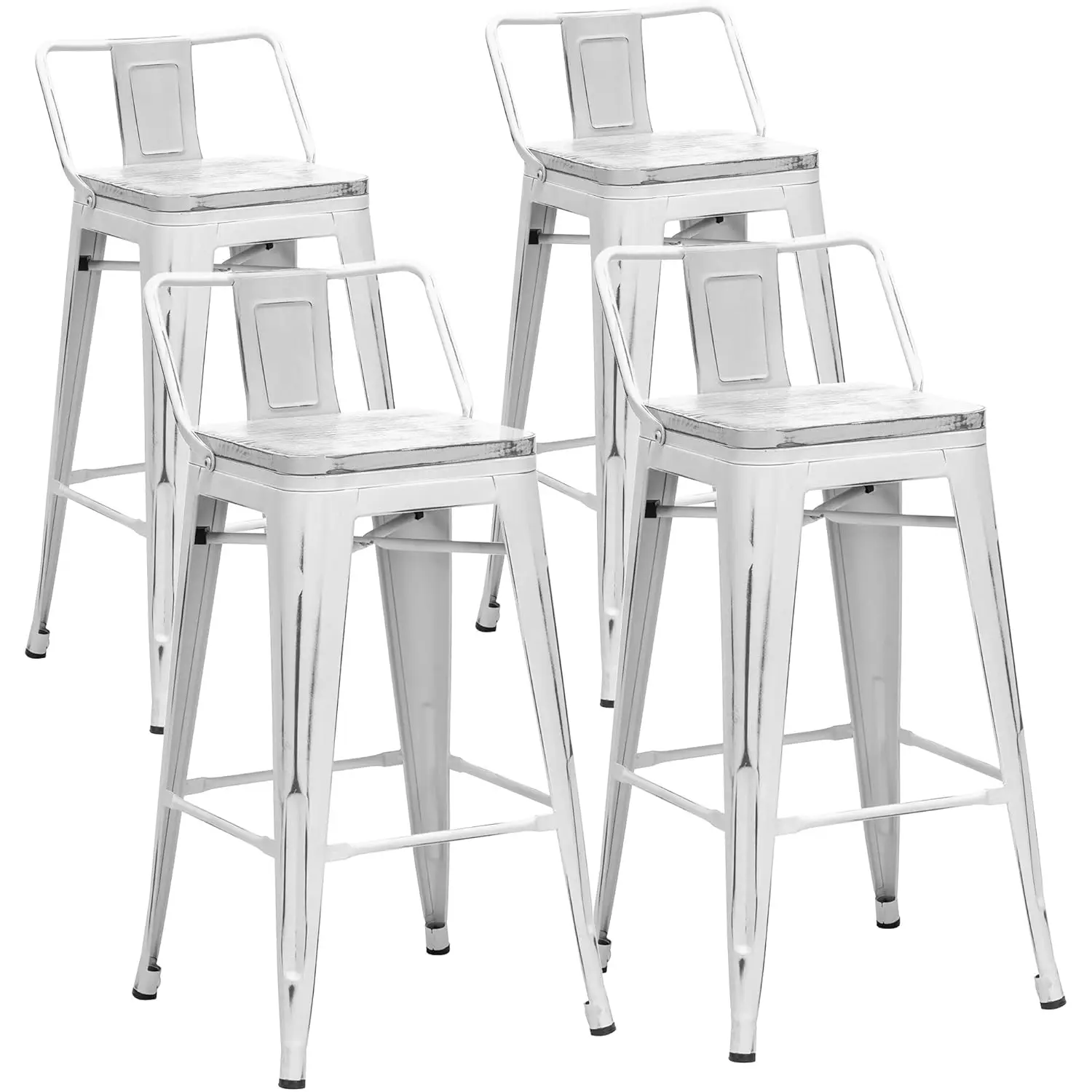 

26in Metal Bar Stool Low Back Wood Seat Counter Height Set 4 Dining Kitchen Distressed White, Customized
