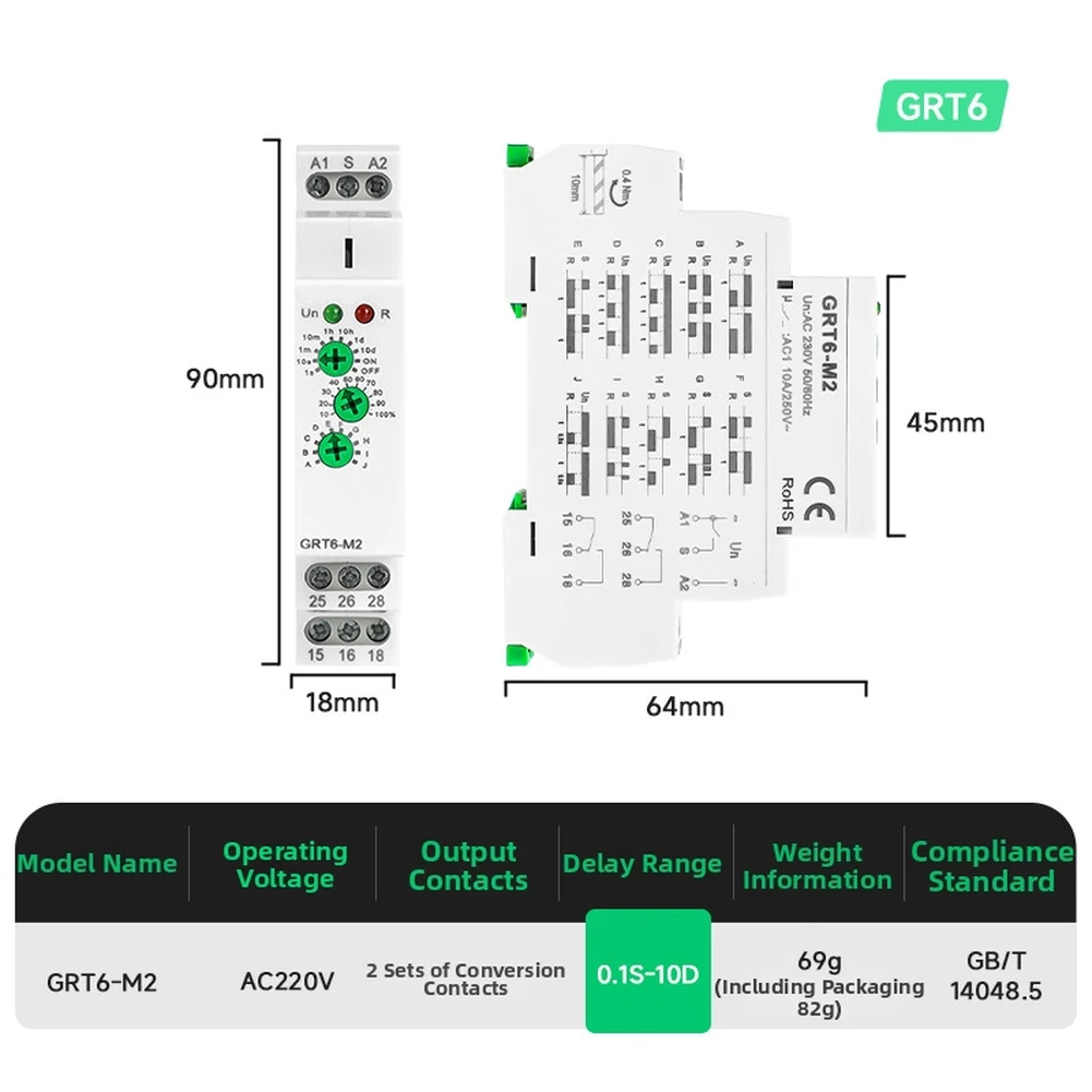 GRT6-M2 Multifunction Time-Relay 2SPDT Adjustable Power Timer Delay-OFF Relay Features 10 Adjustable Delay Modes