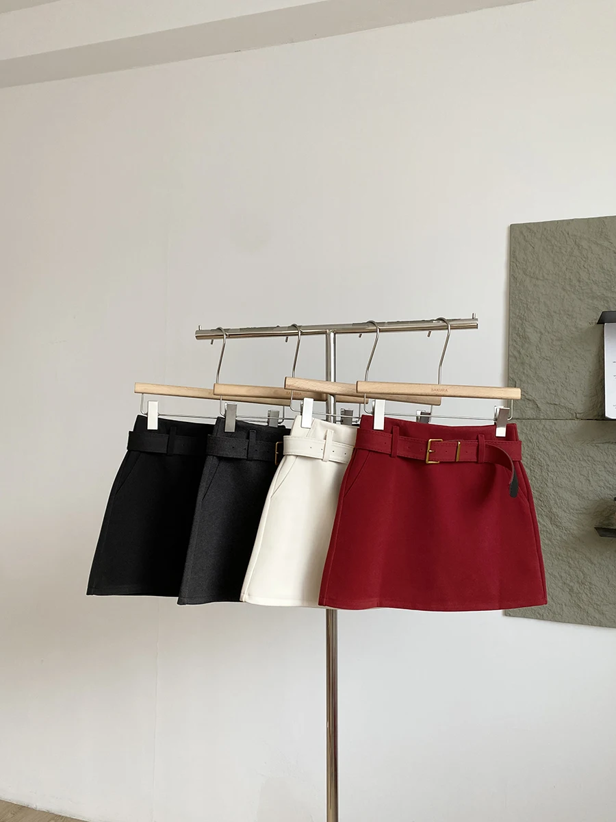 High Waist A-Line  Skirt Women's Winter Slimming Pencil Skirt Commute Pure Color Woolen Skirts Half Body Skirts