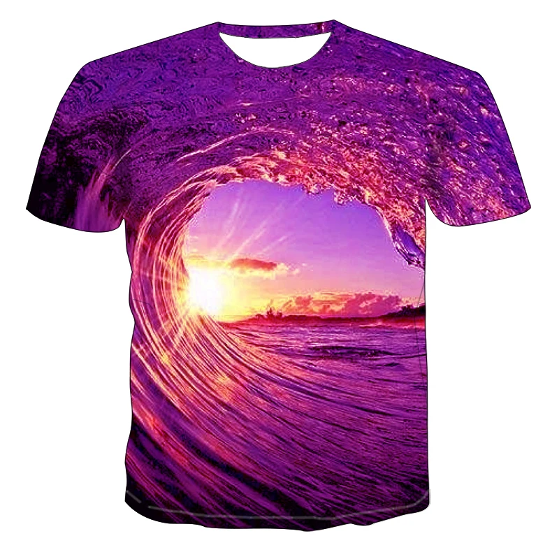 3d Wave Landscape Color Printing Men\'s And Women\'s T-shirt Breathable Seaside Scenery Pattern Trend Hip-hop Light Summer