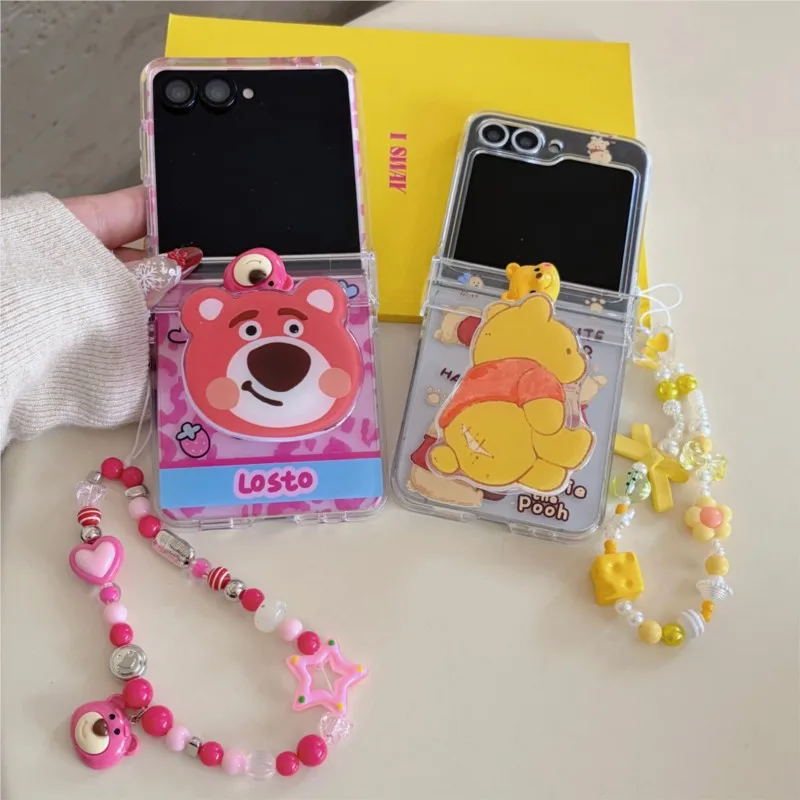 Winnie the Pooh & Lotso Flip Case with Lanyard Cute Cartoon Design For Samsung Z Flip 3/4/5/6/7 FE, Shockproof Protective Cover