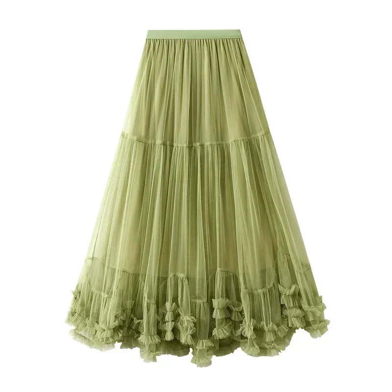 Women's Layered Chiffon Cake Solid Color Mesh Skirt Elegant Elastic Waist Fairy Long Lace A-line Large Swing Picture Skirt 8023
