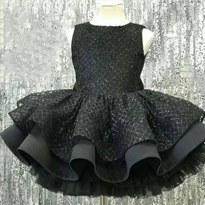 Black Flower Girl Dress Sleeveless O-Neck Knee-Length Ball Gown Princess Pageant Dress for Wedding First Communion