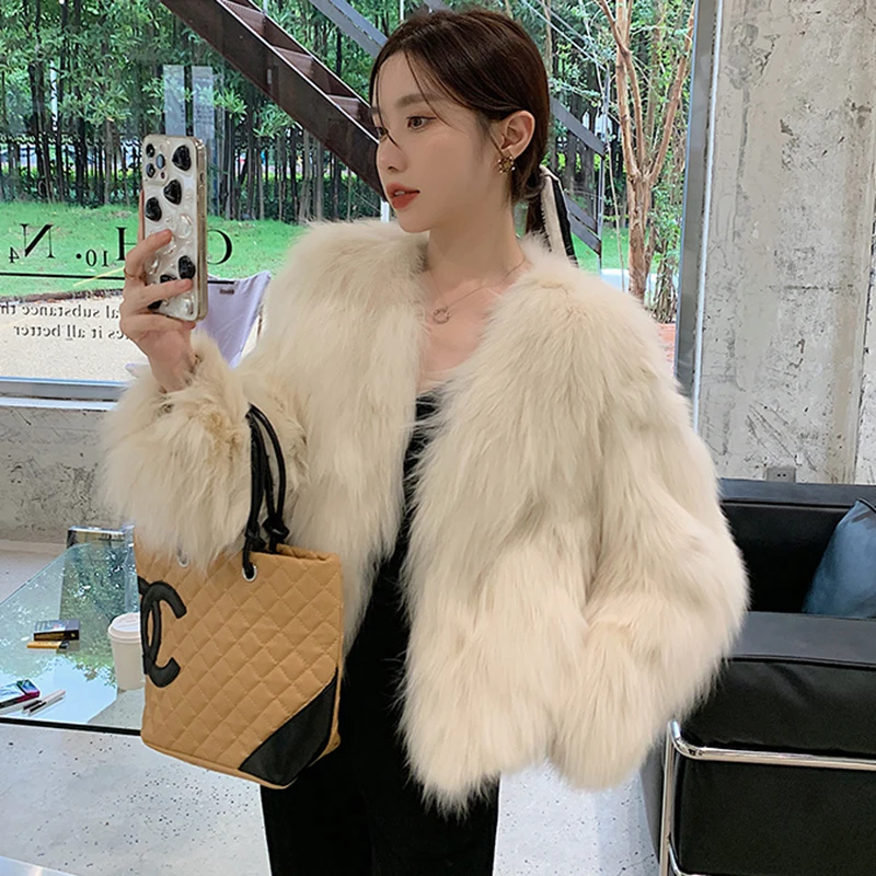 

Korean Faux Fox Fur Coat Women Autumn Winter V-Neck Short Jacket All-Match Warm Long Sleeve Luxury Outwear Loose Shaggy Overcoat