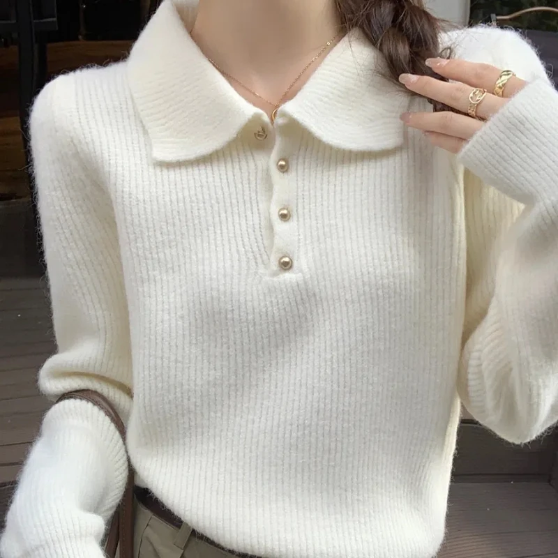 Autumn Winter New Fashion Turn-down Collar Long Sleeve Solid Color Pullovers Women\'s Clothing Button Patchwork Knitting Sweaters