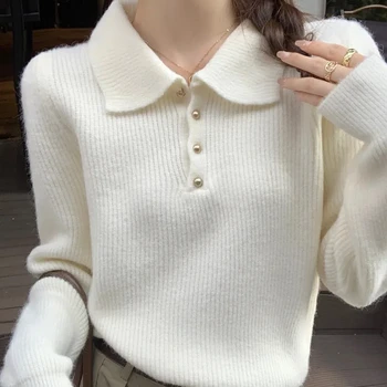 여성용 턴다운 칼라 긴팔 풀오버, 단추 패치워크 뜨게 스웨터, 단색, 가을, 겨울, 신상 패션 
