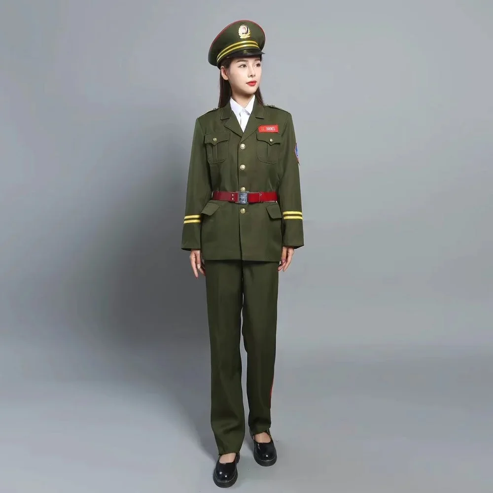 

China 1950s - 1980s Old Style Film Performance Costume Man Choir Stage Plays Uniforms Women's TV Movie Police Hat + Coat + Pants