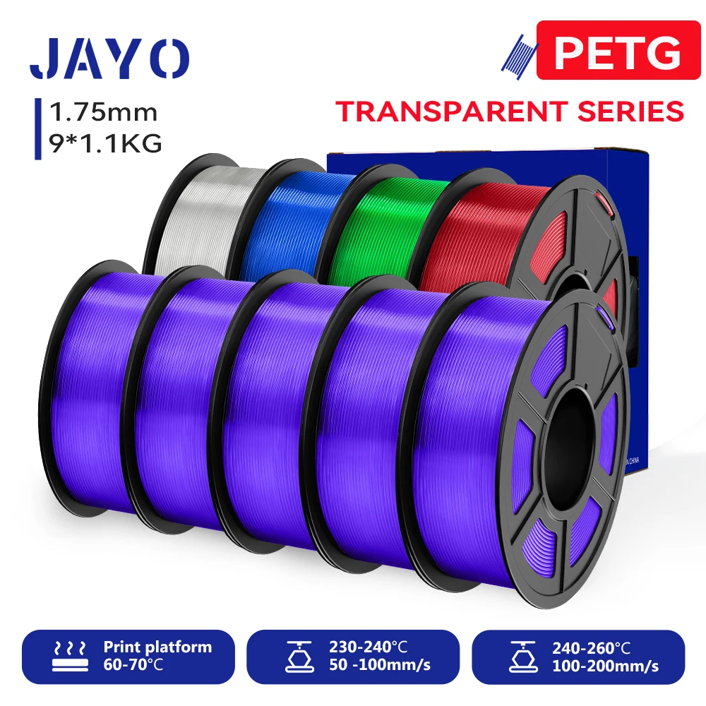 JAYO 3D PETG/PETG Helder 3D-printerfilament 1,75 ±0,02 mm 4/9 rollen Hoge taaiheid Netjes gewikkeld filament Geschikt voor de meeste FDM-printers