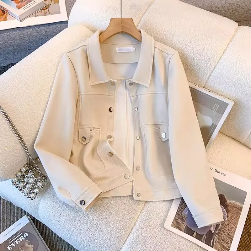 

Fashion Imitation Suede Jacket Women Spring Autumn Vintage Coat Office Lady Outerwear Crop Top Chaquetas Mujer