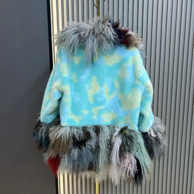 خريف شتاء جديد عصري كتلة اللون مريحة منتصف طول فرو المنك الصناعي تقسم الصوف سميكة الدافئة أنيقة معطف الشباب #4