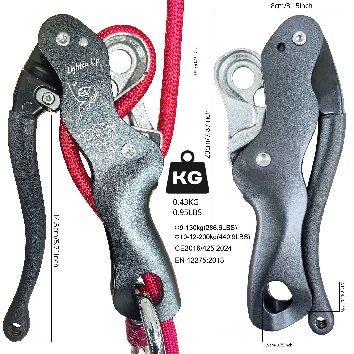 150kg/330lb Climbing Gear Ascender and Rappelling Descender Belay Devices for 10-12mm Rope for Rescue&Arborist CE certification