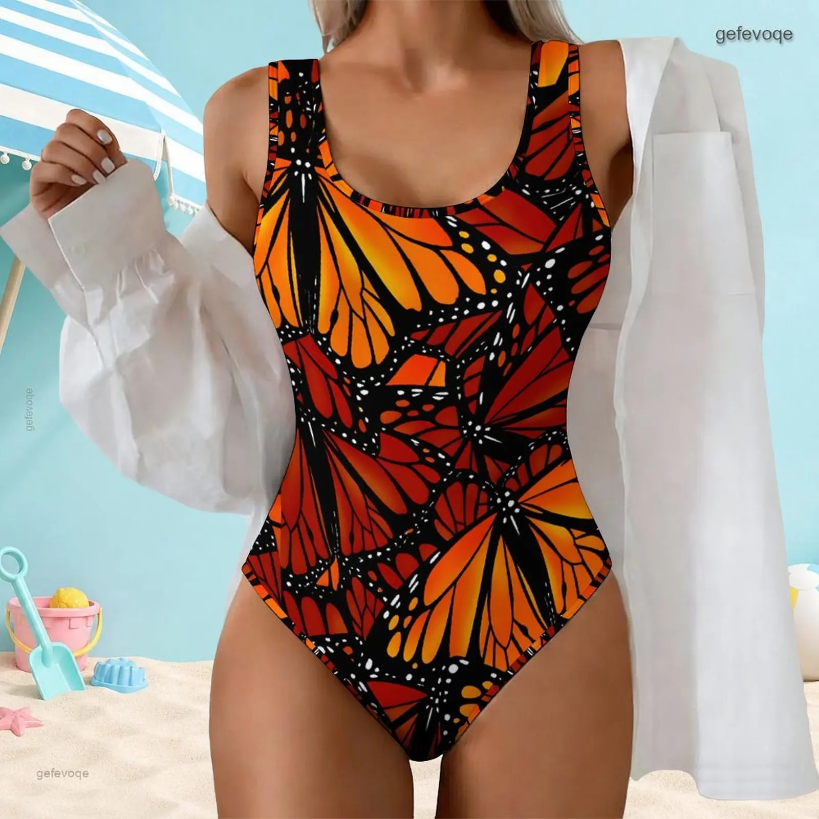 Women Printed Butterfly Wing Pattern Sleeveless One Piece Swimsuit, Scoop Neck Wide Straps High Cut