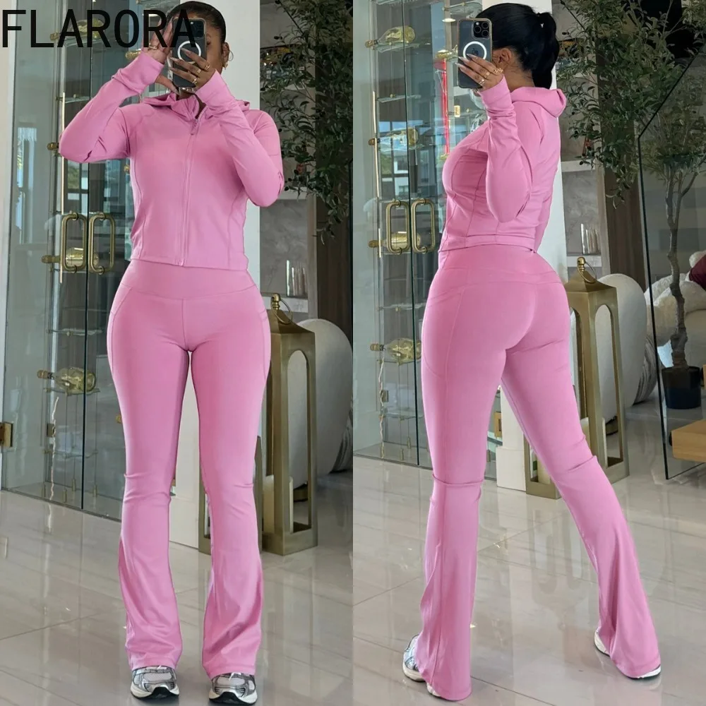 

FLARORA Fall Yoga Fitness 2 Piece Set Woman Solid Color Zip Long Sleeve Hooded Jackets And Flare Pants Outfits Street Tracksuits