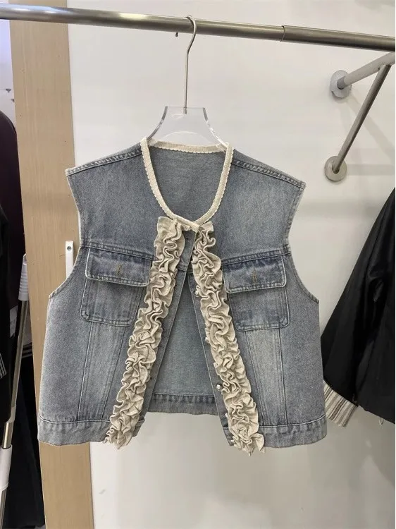 Rompi Denim Wanita Model Prancis Kecil yang Modis, Pakaian Musim Semi atau Luaran, Slim Fit, Cardigan Gaya Korea