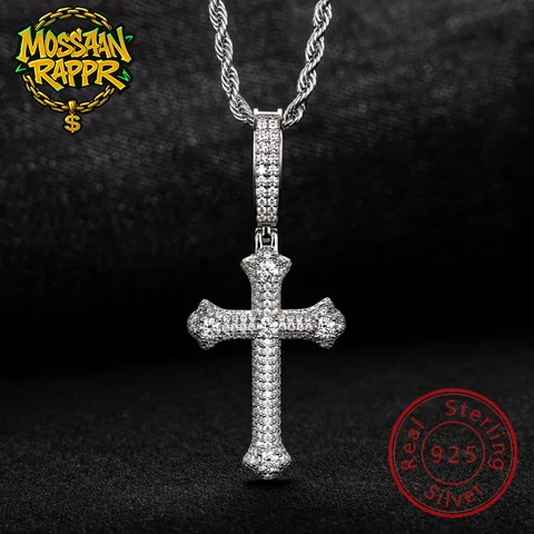 MossanRappr Moissanite 클래식 크로스 펜던트 힙합 목걸이 남성과 여성을위한 925 스털링 실버 세련된 파인 쥬얼리 선물