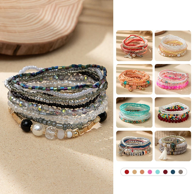 Bohemian Stackable Bead Bracelets For Women Stretch Multilayered Bracelet Set Niche Color Clash Stacked Bracelet Set