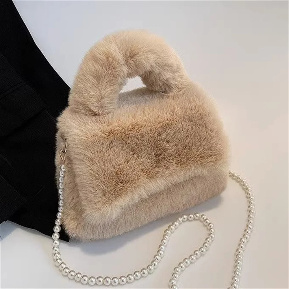 Winter Faux Fur Tote Bag For Women Furry Shoulder Bag Chain Fluffy Crossbody Bag Plush Handbags Shopper Fuzzy Top Handle Bag New