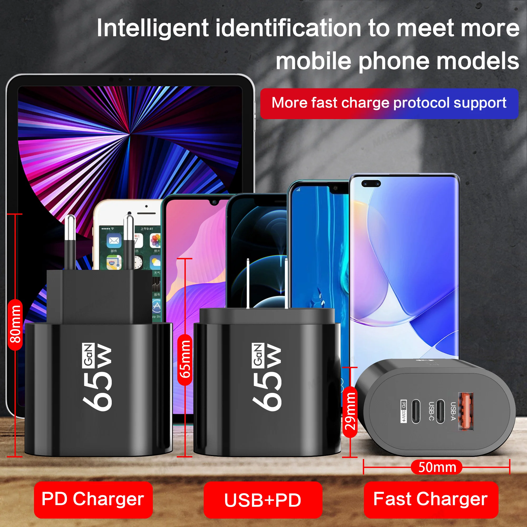 GaN – chargeur USB C 65W, Charge rapide 3.0, Charge murale de Type C, adaptateur pour téléphone portable iPhone 15 14 13 Pro Xiaomi Samsung