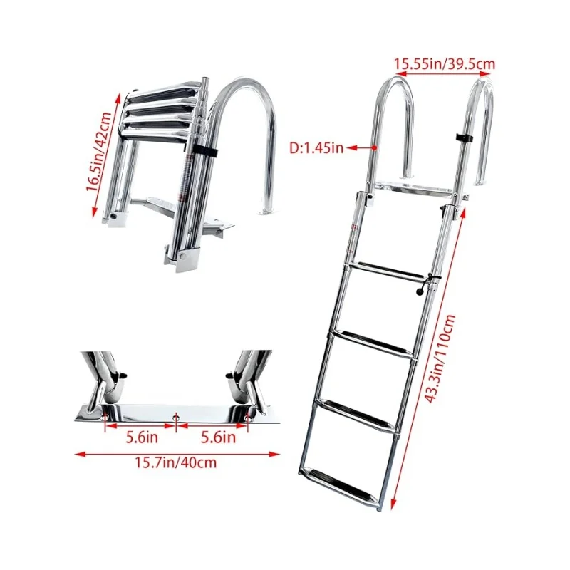 ISURE MARINRE 4 Steps Pontoon Boat Ladder Folding Telescoping Rear Entry Inboard Stainless Steel Swim Deck Ladder