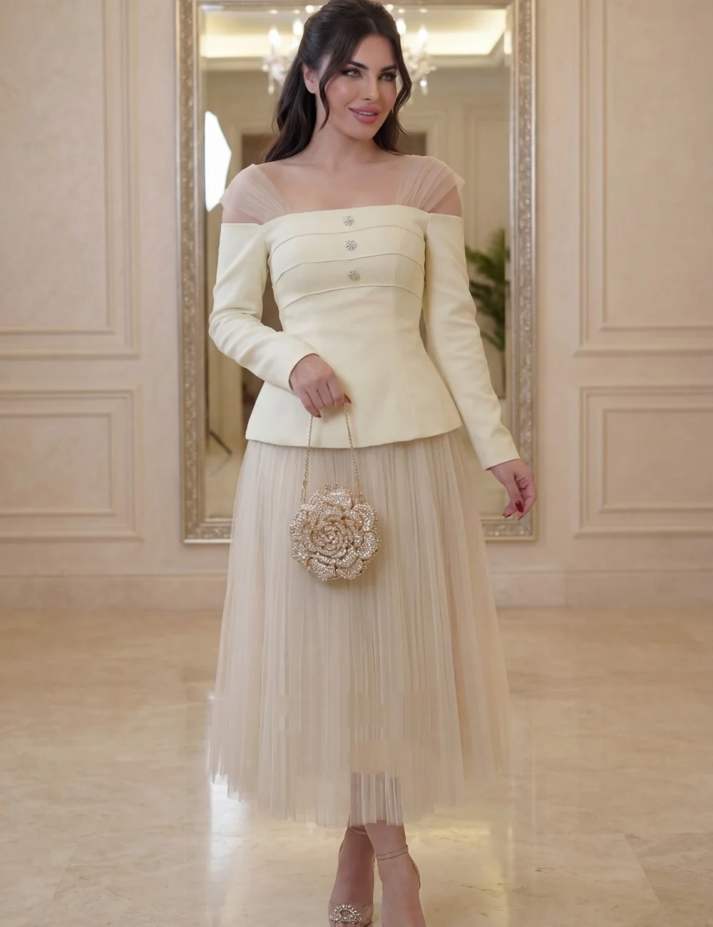 

Customized Fashion Matching Jersey Pleat Button A-line Off-the-shoulder Ankle Length Evening Dresses Sizes Available Exquisite