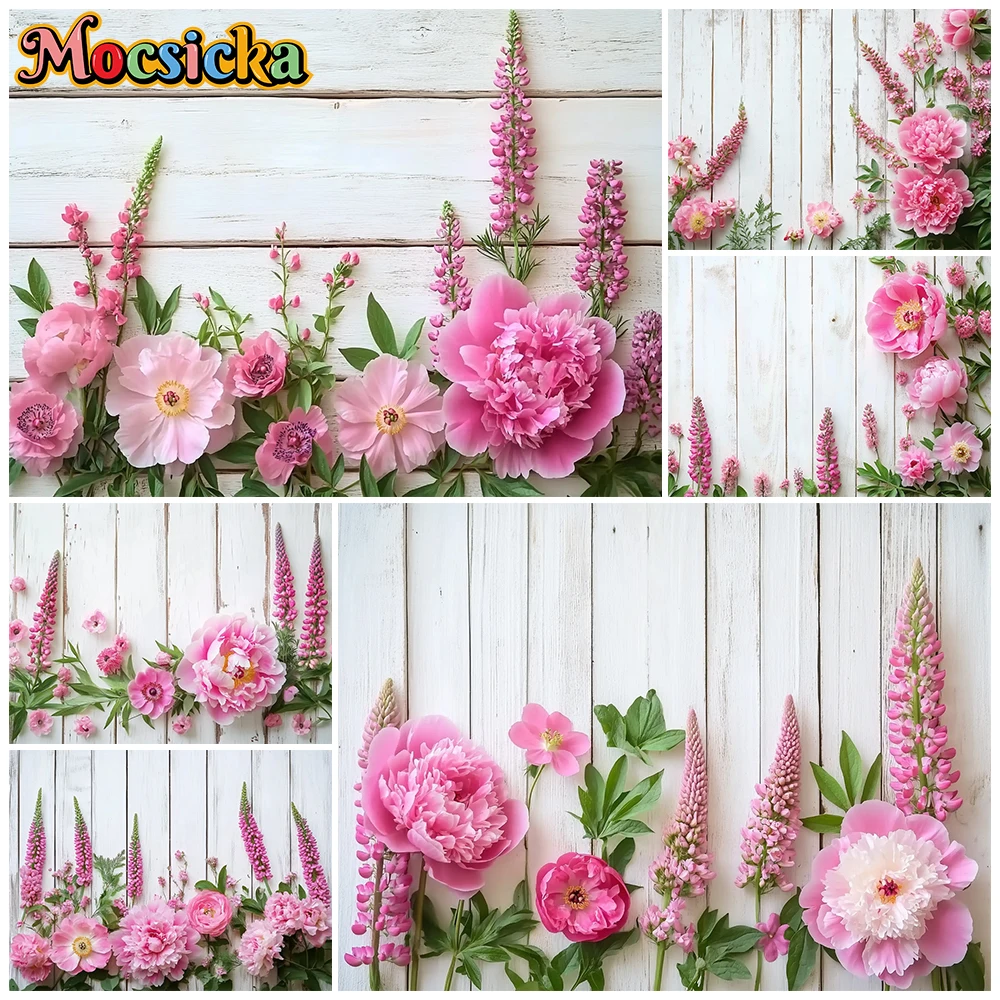 

Mocsicka Pink Peony Floral Photography Backdrop Wedding Fresh Flower White Wood Plank Photo Background Newborn Baby Studio Props