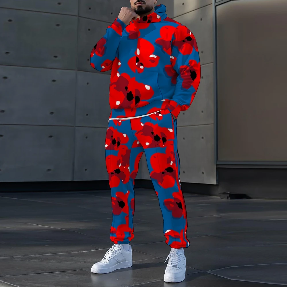 Y2K 2 Piece Hoodie Set Men Flower Pattern Hoodie Tracksuit New Fashion Casual Pants Oversized Sweatshirt Hip Hop Streetwear