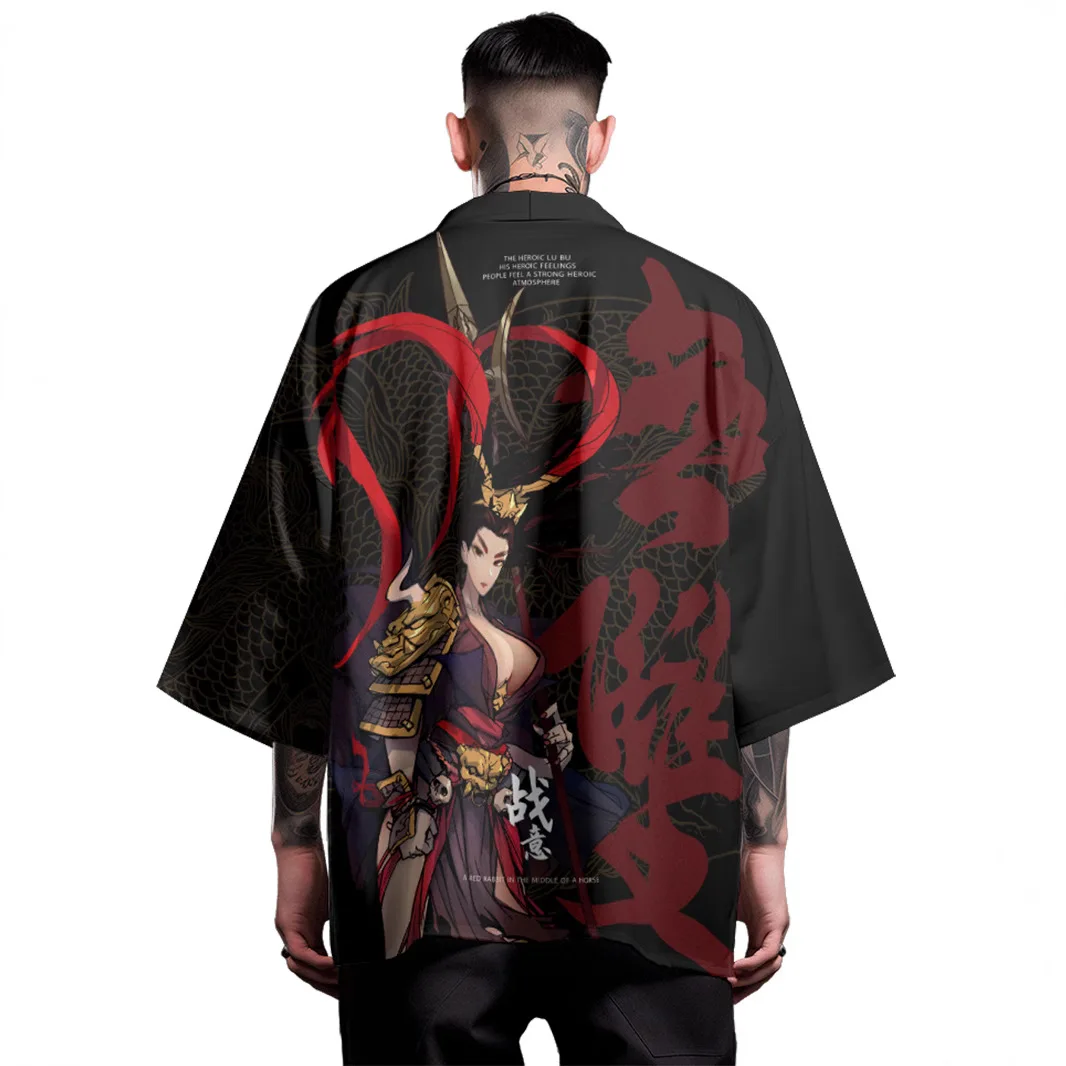 

Anime Romance of The Three Kingdoms Lu Bu Print Cardigan Haori Beach Japanese Kimono Streetwear Men Traditional Tops Plus Size