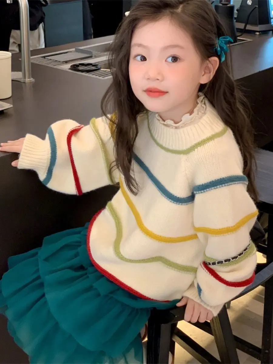 

Girls Autumn Winter New Casual Cute Striped Korean Style Knitted Long Sleeve Sweater 1-10Years Kids Trend Top Streetwear Clothes