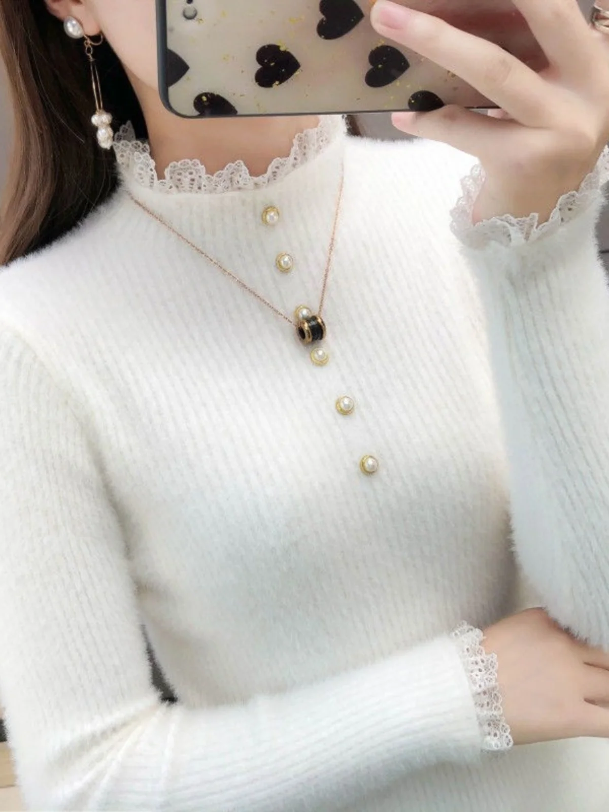 

Женский вязаный свитер в рубчик, кружевной свитер с высоким воротником, длинное нижнее белье из искусственной норки, топ, осенняя мода для поездок на работу