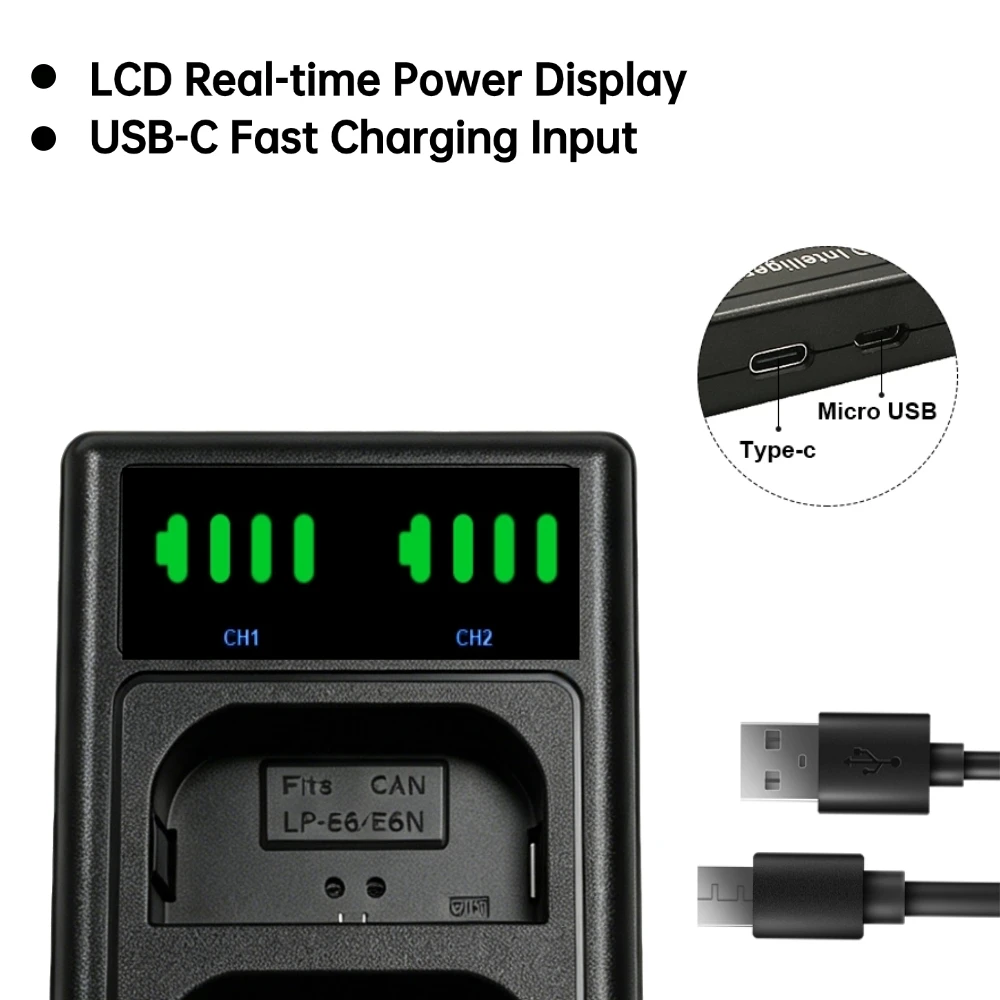 PUJIMAX LP-E6 LP-E6 E6N LCD Dual-slot charger with for Canon EOS 5DS R 5D Mark II 5D Mark III 6D 7D 80D EOS 5DS R Camera view 2