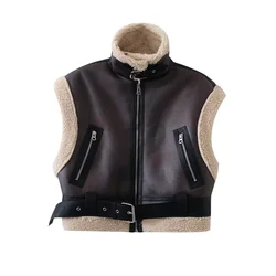 PB&ZA 2024 early autumn new women's fashion versatile lambskin jacket women's thick warm motorcycle clothing vest