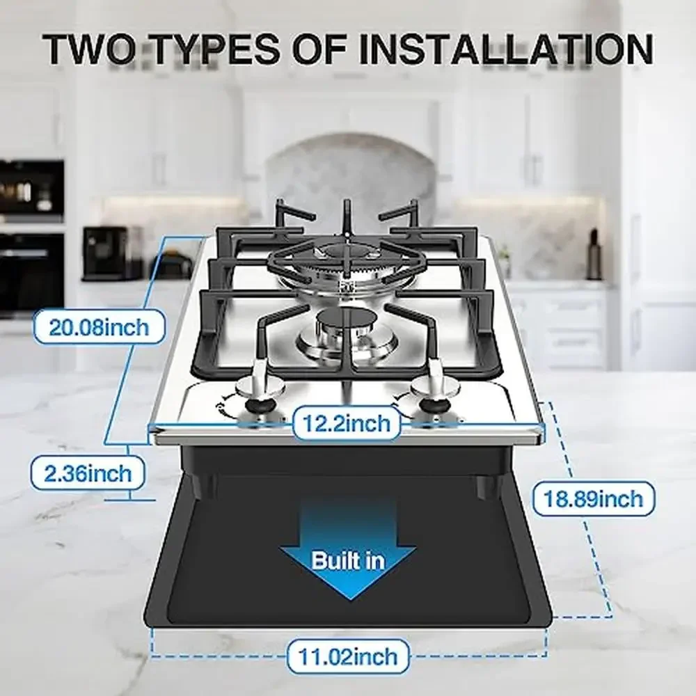 Portable Gas Cooktop Stainless Steel 2 Burner Stove Dual Fuel Built-in RVs and Apartments