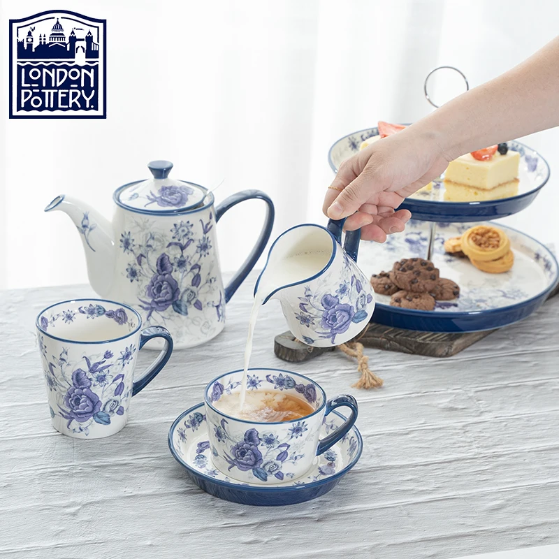 LondonPottery Blue Rose Range Afternoon Tea Set Ceramic Coffee Cup Saucer Sugar Jar Creamer Teapot with Infuser Mug Cake Stand