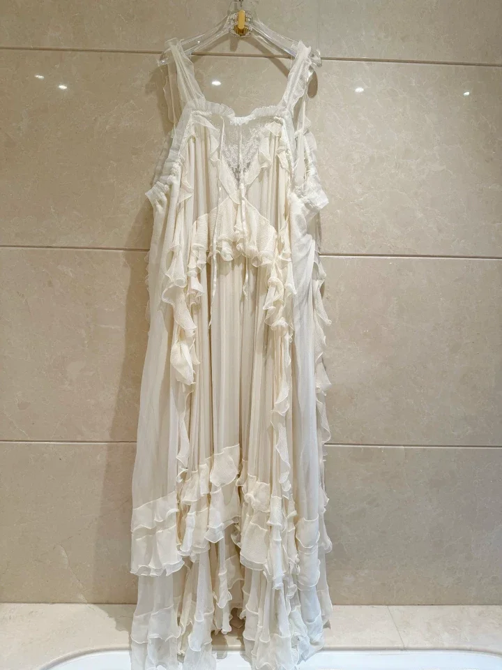 Luxury 100% Pure Silk White Flowy Cascading Ruffle Long Dress Chic Fairy Resort Vacation Maxi Gown