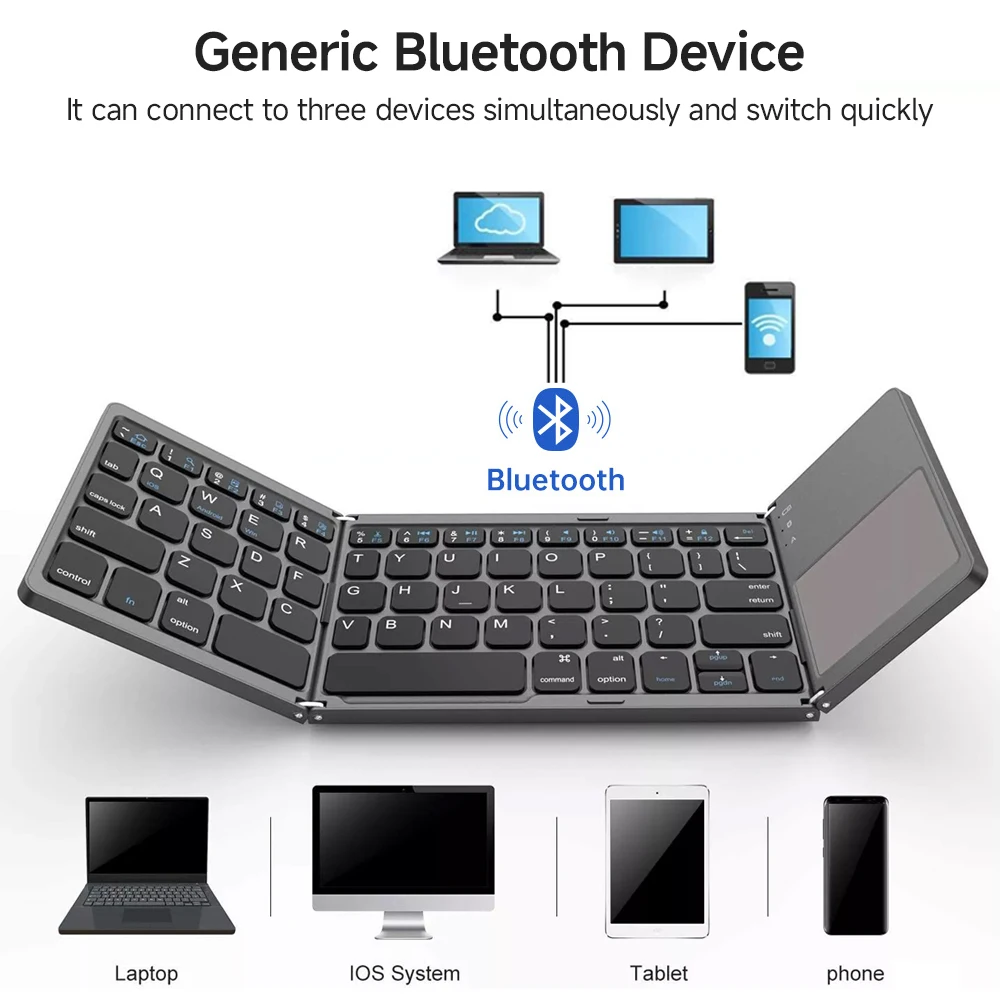 Imagem -03 - Mini Teclado Bluetooth Português com Touchpad para Android Ios Windows Teclado sem Fio Dobrável Triplo para Macbook pc Laptop Tablet Celular