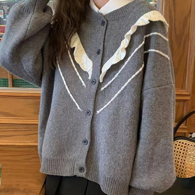 

Модное вязаное пальто с рукавами-фонариками, женский свитер в корейском стиле с лоскутными оборками, новинка 2025, осенний свободный повседневный кардиган