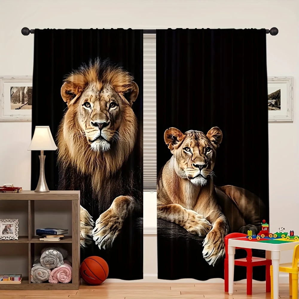 2PCS Digital Print Curtains Male Lion Lioness Black Background Wild Animal Print Living Room Window Curtains