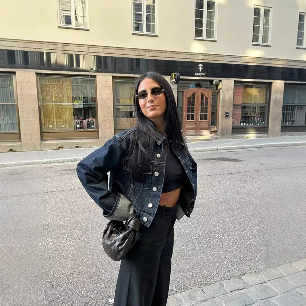 

Autumn Female Vintage Denim Suit Long Sleeve Single Breasted Lapel Coat+High Waist Wide Leg Jeans Street Fashion Set