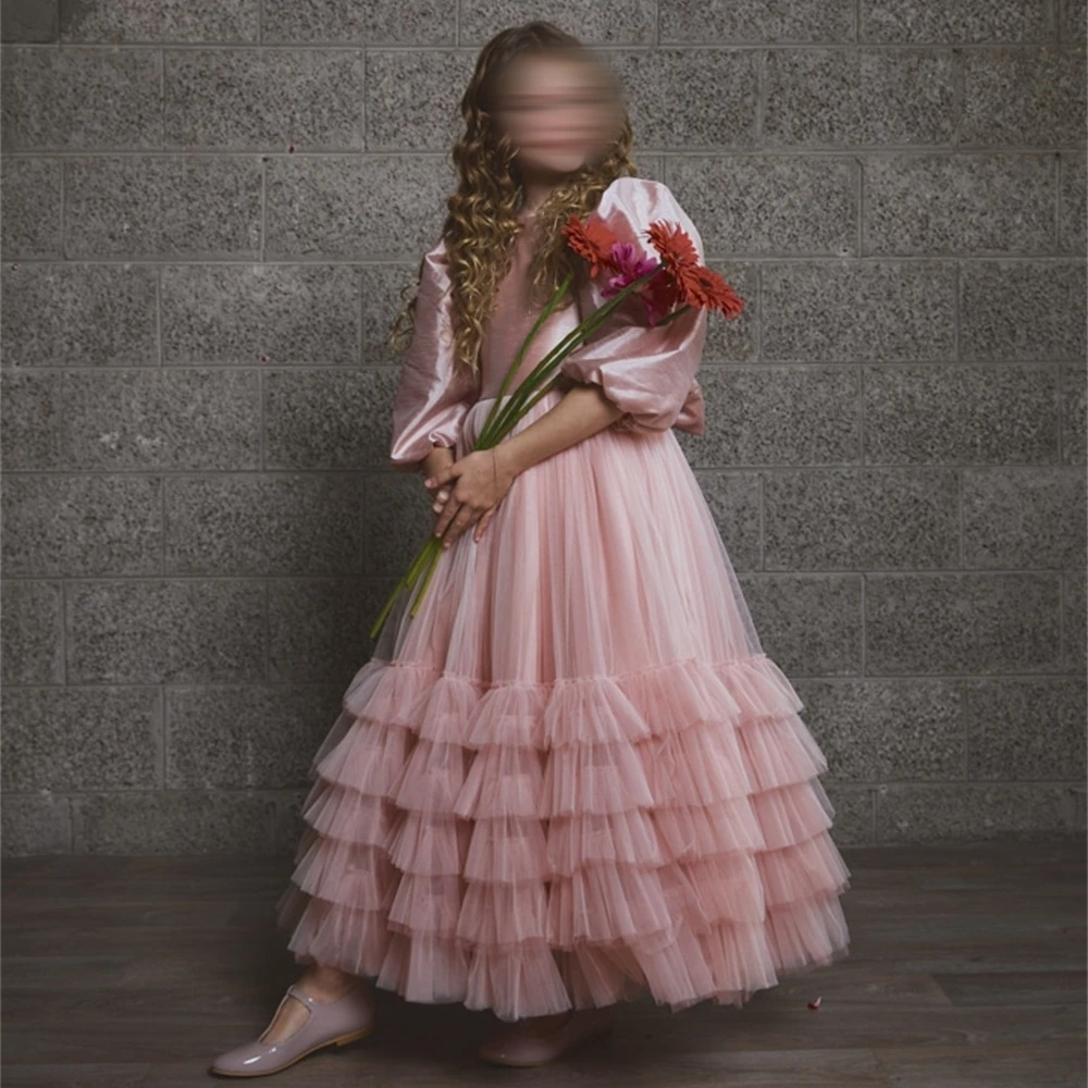 

Розовое платье с цветочным узором для девочек по индивидуальному заказу на свадьбу, многослойное пышное тюлевое платье с круглым вырезом для подружки невесты, детское бальное платье для первого причастия на день рождения