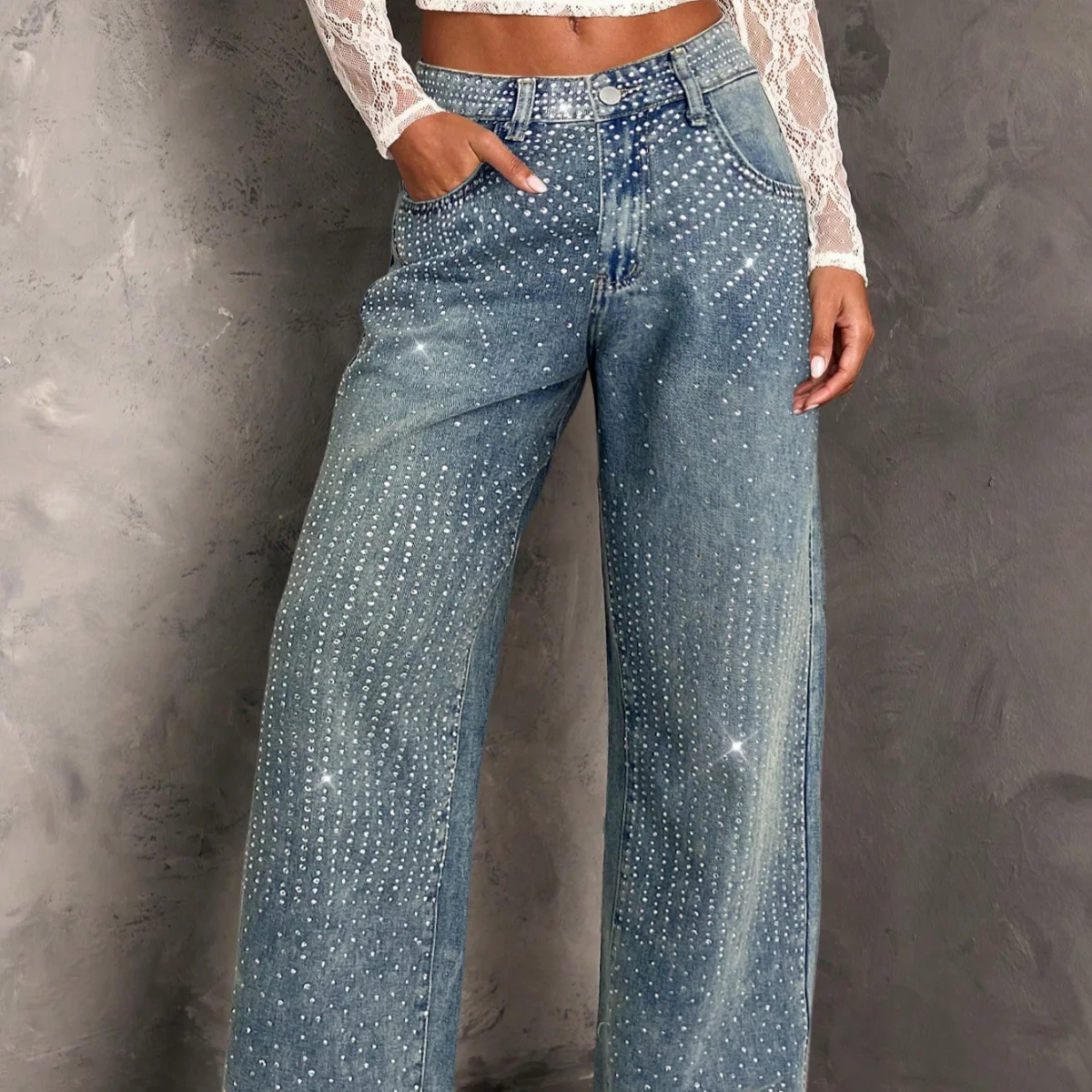 여성용 Y2K 청바지, 장식된 연청색 배기 데님 팬츠, 편안한 스트레치 일자핏 패션 바지