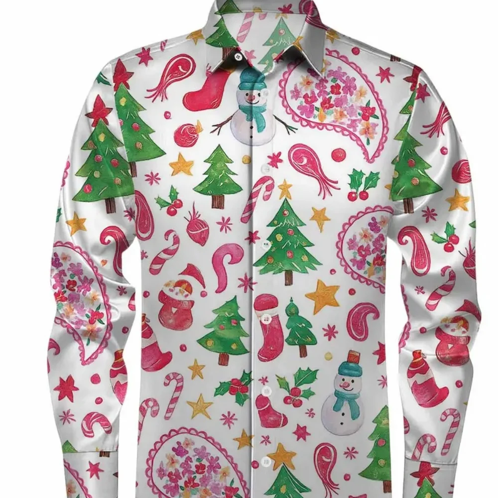

Men's plus Size Long Sleeve Lapel Button up Shirt Comfortable Soft Fabric 3D Printed Christmas Party Clothing